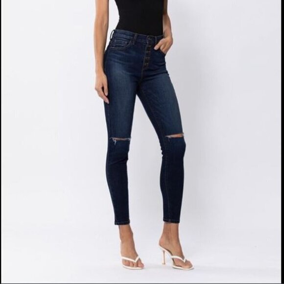 New Sneak Peek Women Blue Distressed High Rise Button Fly Skinny Jeans Size 25 - Picture 1 of 14